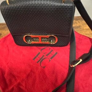 CH Carolina Herrera Black Textured Leather Crossbody Bag with Gold Logo Hardware